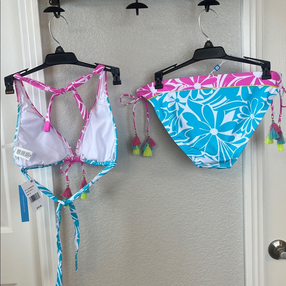 NWT Bleu Rod Beattie Pink Teal and Lime vibrant Poms 2 pc bikini set size 10 - Picture 8 of 13